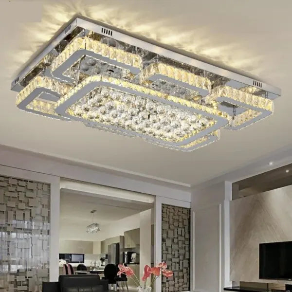 Beta Luxury Rectangular Crystal  Flush Mount Chandelier